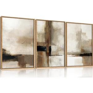 HOURIA Large Abstract Neutral Framed Canvas Wall Art Set,Brown Beige Wall Decor,Minimalist Black Wall Painting,Modern Brush Stroke Line Art Print for Living Room,Bedroom,Office- 16"x24"x3