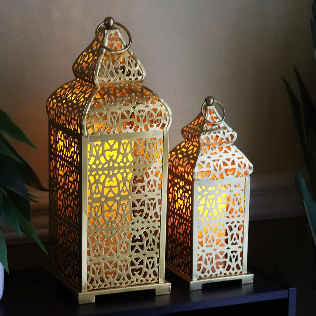 VELA LANTERNS Golden Temple Moroccan Lantern Lamp Decorative Candle Holders for Ramadan Decorations, Hanging, Outdoor Patio or Porch, Indoor Home Decor, Gold, Set of 2 (11" and 15" Tall)