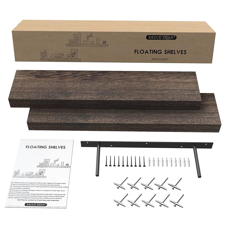 Floating Shelves 36 inches Rustic Natural Wood Shelf for Wall Set of 2 Open Shelving Farmhouse Light Wooden Wall Mounted Shelf Decor for Bathroom, Living Room, Kitchen, Dark Brown (36" W x 5.5"D)