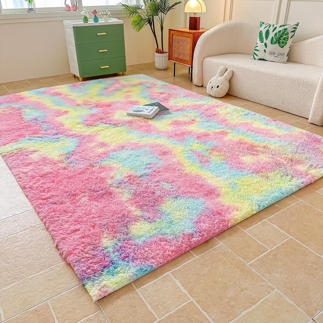 Faux Fur Rainbow Area Rug for Bedroom Living Room Sofa,6'X9' Fluffy Shaggy Rectangular Square Rug for Kids Teen Girls Room,Furry Carpet for Nursery Baby Room Decor for Teenage