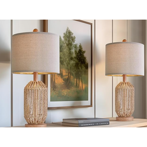 OYEARS 21" Boho Table Lamps Set of 2 for Living Room, Bedside Lamps for Nightstand, Rattan Lamp for Bedroom, Farmhouse Table Lamps for Boho Decor, End Table, Retro, Black