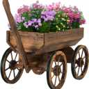 Wood Wagon Planter for Outdoor Balcony Decor - Garden Rustic Wooden Flower Cart with Wheels for Outside - Decorative Indoor - Wheelbarrow Planter for Patio -Reinforced Wheel
