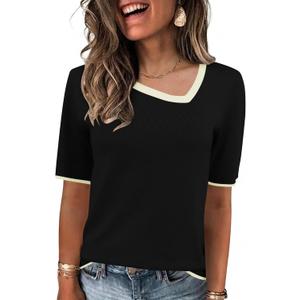 Rapbin Womens Short Sleeve Sweater Asymmetrical Neck Dressy Casual Fashion Summer Pullover Tops Sweater Blouse 2026 (Small, Black With Border)
