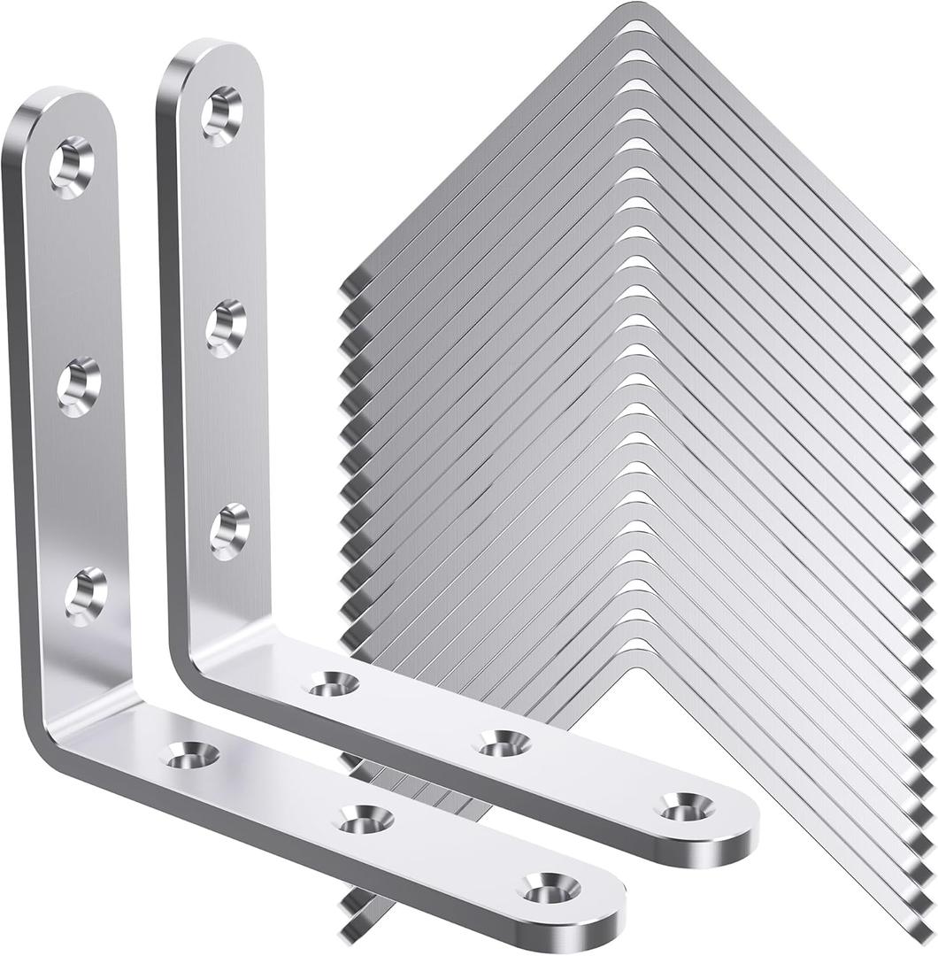 25Pcs Stainless Steel Angle Brackets, 3x 3 Heavy Duty Corner Brackets,Metal Corner Braces for Wood, 3MM 90 Degree Joint Hardware, 3inch l Bracket for Shelves Wood Furniture Cabinet Chairs Bookshelf