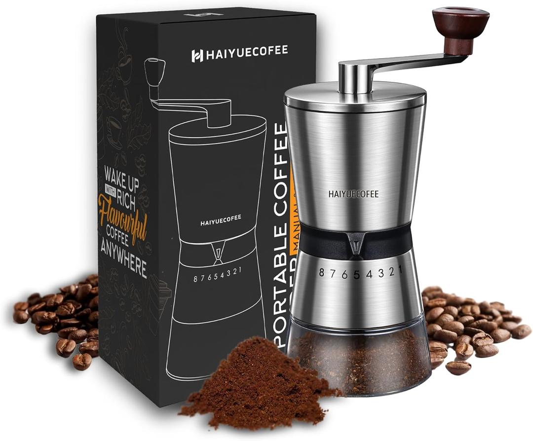 Manual Coffee Grinder with 8 Adjustable Coarseness Settings, Hand Crank Coffee Mill with Ceramic Burr for Espresso Beans, French Press, Pour Over, Drip Coffee  Rustproof, Non-Dulling (6.5 oz Glass Jar-8 Level Settings)