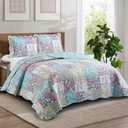 Brilliant Sunshine Lilac Rose Toile Quilt Set, 3-Piece Bedding Sets, Traditional Lively Patchwork Design, Washable, Reversible Bedspread, Soft Lightweight Coverlet, All-Season, Full/Queen, Egg Blue