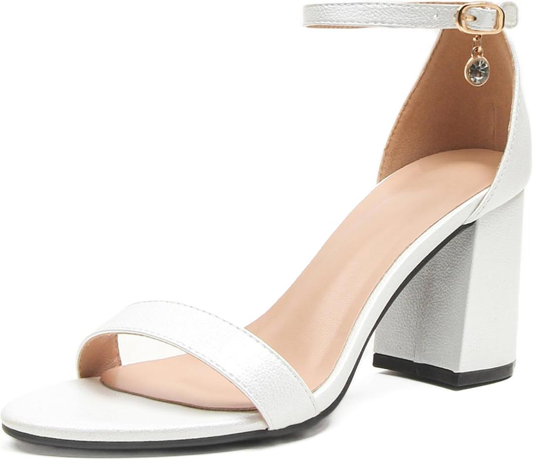 Women's Low Block Chunky Heels, Open Toe Ankle Strap Heels Sandals,Party & Dating Dress Heeled Shoes (7.5, D-white/Pu) Women's Low Block Chunky Heels, Open Toe Ankle Strap Heels Sandals,Party & Dating Dress Heeled Shoes (7.5, D-white/Pu)