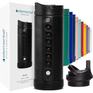 Elemental Iconic Kids Water Bottle for School - 100% Leak-Proof Insulated Water Bottles with Straw Lid & Pop-It Handle for Boys & Girls - Triple-Wall Insulated & BPA-Free, 14oz  Black