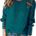 Womens Pullover Sweaters Batwing Long Sleeve Crewneck Casual Loose Knit Jumper Tops with Buttons (Green, L)