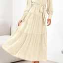 dowerme Women's Casual Dresses 2025 Fall Fashion Long Sleeve Button Up Floral Print Belted Tiered Boho Maxi Party Dress (S)