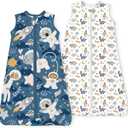 Toddler Sleep Sacks 2T-3T-4T, 0.5 TOG Light Summer Wearable Blankets, Extra Long XL Sleeping Bags, 2 Pack (Animal Space & Dino Space)