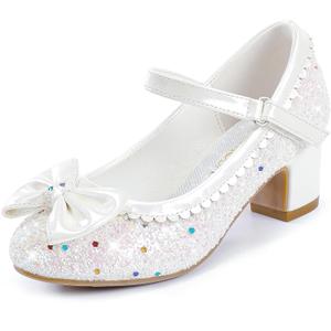 LAURMOSA Toddler Princes Shoes Girls White Dress Shoes Glitter Mary Jane Bowknot Church Shoes for Easter First Communion Flower Girls Wedding Party Toddler Little Big Kids(White, Size 3)