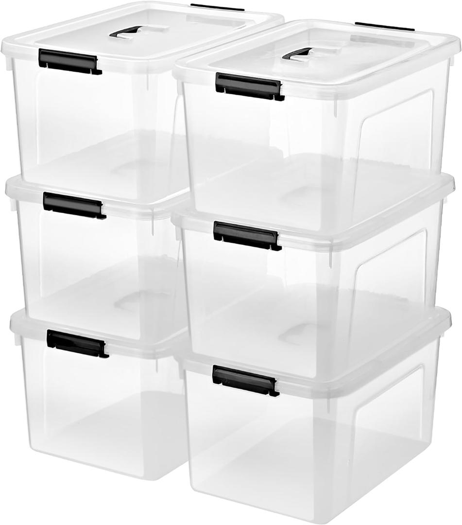 19 Quart Plastic Storage Bins with Lids, 6-Pack Stackable Clear Storage Organizing Box with Handle