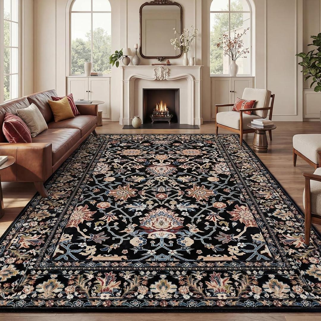 Warmstar 6×9 Area Rug for Living Room,Washable Area Rug Non-Slip TPR Backing,Vintage Persian Floral Vine Faux Wool Low Pile Carpet for Living Room Bedroom Dining Room, Black Multi