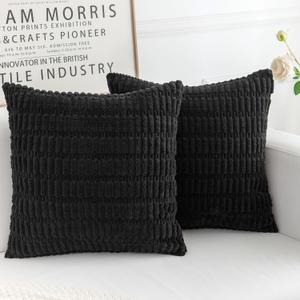 Corduroy Decorative Throw Pillow Covers, Boho Stripe Soft Square Cushion Case Home Decor for Living Room Couch Bed Sofa, Set of 2 Pack, Black, 22x22 Inch