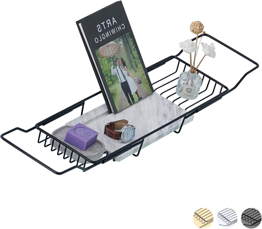 Bathtub Tray Caddy for Luxury Bath Expandable Extra Wide Bath Tub Tray with Natural Marble Tray and Mobile/Tablet Stand, Ideal for Home Spa Lovers(Black + Jazz White)