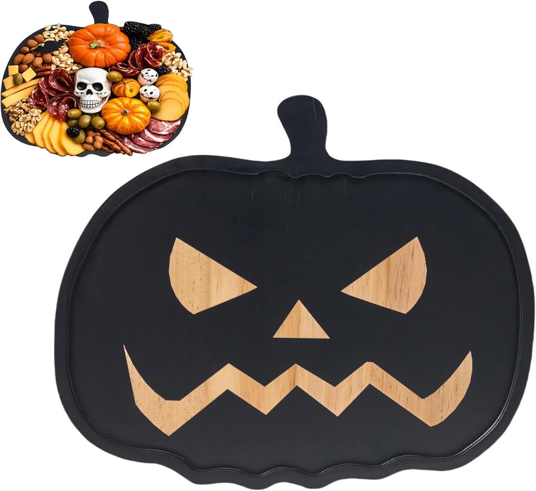 Halloween Pumpkin Cutting Board & Serving Tray & Platters Wooden Cheese Board Gothic Kitchen Dishes for Halloween Party and Day of The Dead Decor13.3" Lx11W  (Black)