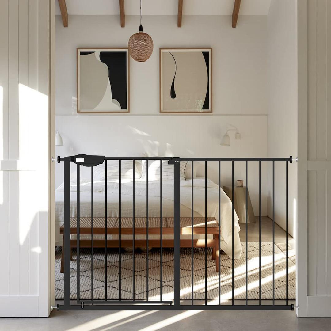 WAOWAO Triple Lock Baby Gate Extra Wide 49.21-53.14" Pressure Mounted Walk Through Swing Auto Close Safety Black Metal Dog Pet Puppy Cat for Stairs,Doorways,Kitchen