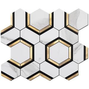 Soulscrafts 3-Sheet Peel and Stick Backsplash Tile 3'' Hexagon PVC White Marble Stone with Gold Metal Self-Adhesive Mosaic Decor Sticker for Kitchen Wall Tile Bathroom