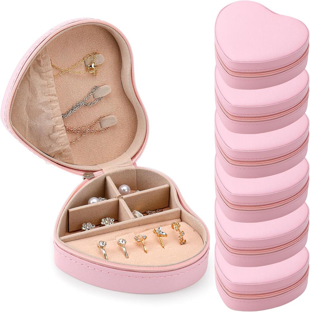 6 Pcs Small Travel Style Jewelry Box Galentines Valentine's Day Gift Pink Heart Shape Portable Jewelry Organizer Case Bulk Women Her Sister Bestie Friends gifts for Earrings Rings Necklaces
