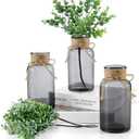 3 Glass Bud Vases 6.5“ H, Black Mason Jars with Fake Eucalyptus Centerpiece Vases with Hemp Rope for Weddings Parties Farmhouse Decor