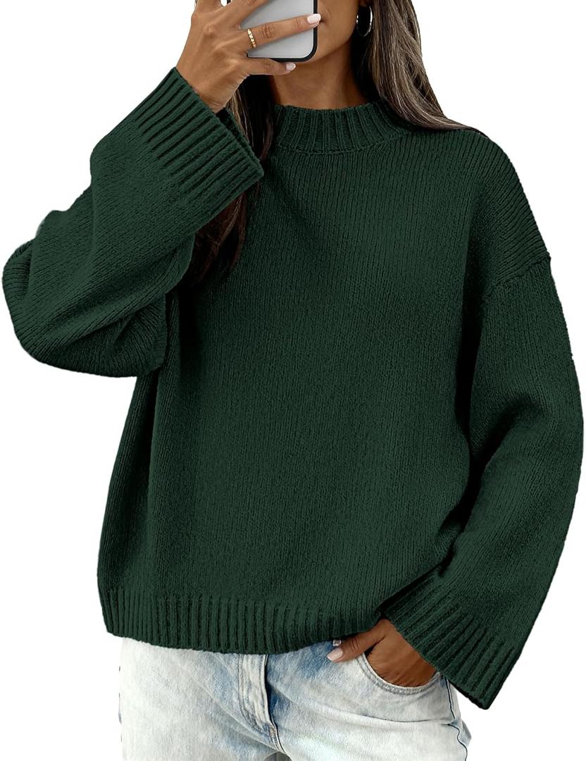 BTFBM Sweaters for Women 2026 Casual Crewneck Long Sleeve Loose Ribbed Knit Pullover Sweater Winter Clothes Fall Outfits (Small, Dark Green)