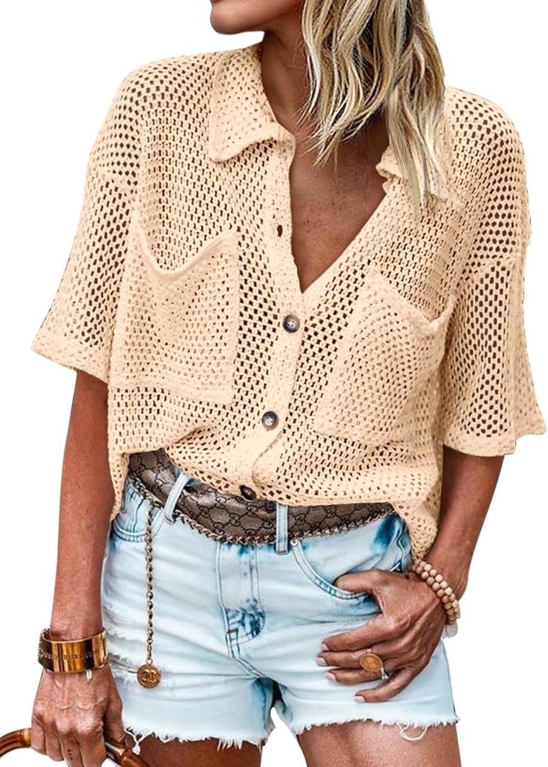 Fisoew Womens Crochet Lightweight Cardigan Sweaters Short Sleeve Summer Button Down Collared Loose Cover Up Shirts (Small, Apricot) Fisoew Womens Crochet Lightweight Cardigan Sweaters Short Sleeve Summer Button Down Collared Loose Cover Up Shirts (Small, Apricot)