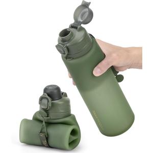 TakeToday Collapsible 32oz Silicone Water Bottles, Foldable Travel Bottle with Strap, BPA Free, Leakproof for Hiking, International Travel, Outdoors (Green/Black)