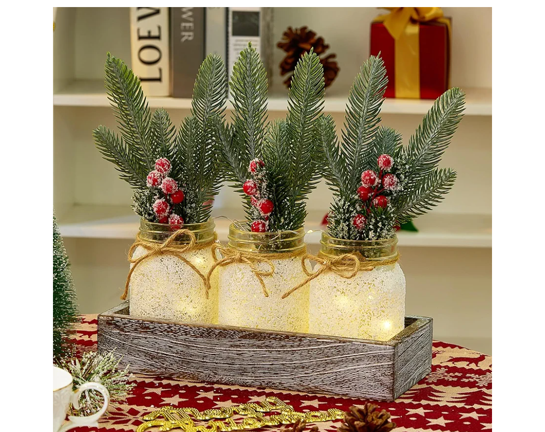 Christmas Centerpieces for Tables, Table Decor with Mason Jar, Flowers Picks, Farmhouse Wood Tray, 23 Pcs Christmas Winter Table Decorations Centerpieces, Xmas Holiday