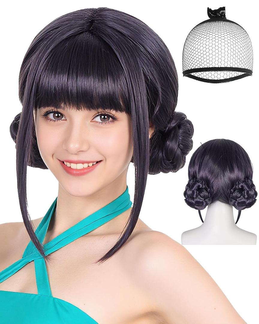 Black Purple Wig with 2 Buns Short Black Purple Hair Double Braided Buns for Women Singers Idols Characters Cosplay Anime Wigs for Halloween Stage Costume Outfit Party +Hair Cap