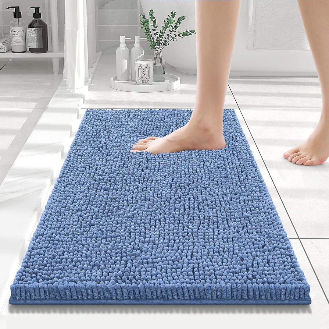 Smiry Luxury Chenille Bathroom Rugs 24x16, Extra Soft and Absorbent Shaggy Bath Mat, Machine Washable, Non-Slip Plush Carpet Runner for Tub, Shower, and Floor, Home Decor Accessories, Cornflower Blue