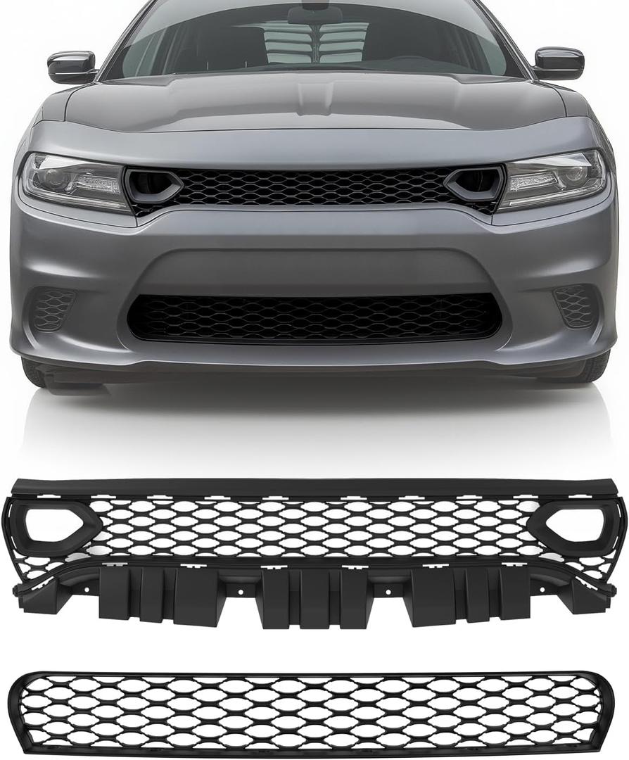 Front Upper Lower Grille Kit Compatible with 2015-2023 Dodge Charger SRT Scat Pack Daytona, Replacement for 68417502AA, 68394592AA, 68417505AB