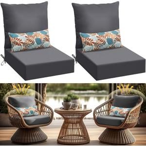 Patelai Set of 2 Outdoor Deep Seating Cushions for Patio Furniture 24 x 24 Inch Replacement Patio Chair Cushions with Back Pads and Pillows, Waterproof Fade Resistant Non-Slip Bottom & Straps (Grey)