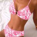 Fanuerg Women's Triangle Bikini Sets O Ring Linked Two Piece Swimsuits Floral Printed Cheeky Bathing Suit (Pink, M)