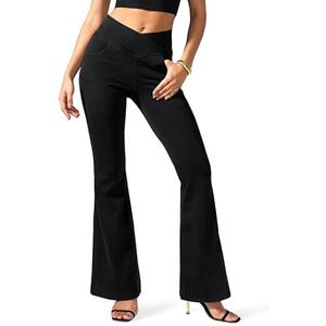 Rammus Flare Jeans for Women Crossover High Waisted Bell Bottom Jeans Trendy Yoga Pants Stretchy Flare Leggings with Pockets, 32S