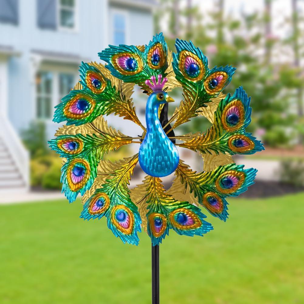 SUNNYGARDEN Wind Spinners Outdoor Peacock, 63 Inch Double-Sided Garden Windmill for Yard with 8 Green Feather Blades, Large Metal Garden Wind Spinner