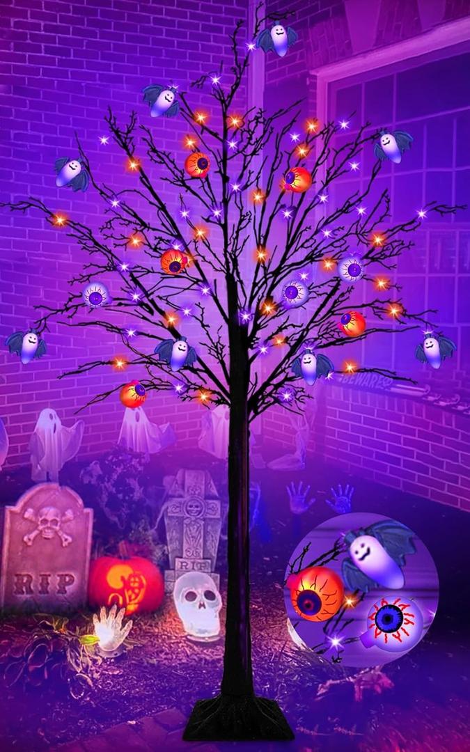 5 Ft Orange & Purple Halloween Tree Decor with 64 LED & 3D Lighted 8 Bats & 8 Eyeballs DIY Spooky Ornament Black Twig Tree Halloween Decoration Outdoor Indoor Home Yard(Adapter/4 Stakes)