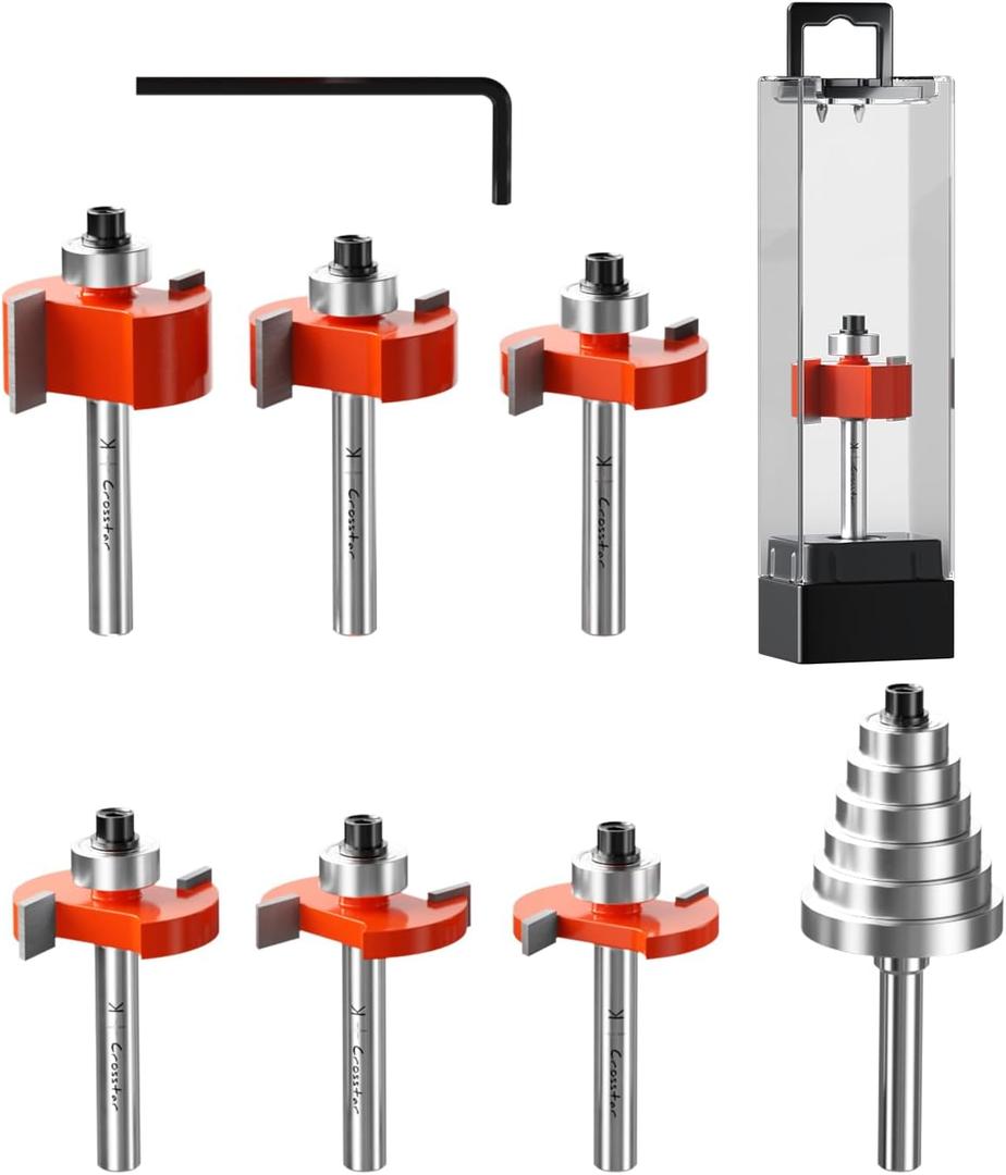 Crosstar 6Pcs Rabbeting Router Bit Set with 6 Bearings - 1/4" Shank Carbide Tipped Bits for Woodworking - Includes 1/4", 5/16", 3/8", 1/2", 3/16", 5/8" Height Cutters & 6 Sizes Bearings