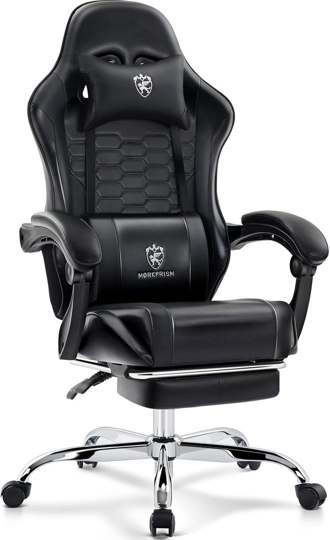 Gaming Chair,Computer Office Chair with Footrest,Massage Lumbar Support and Gel Pad,Ergonomic Reclining Adjustable Leather Gamer Chair with Headrest and Spring Cushion Black