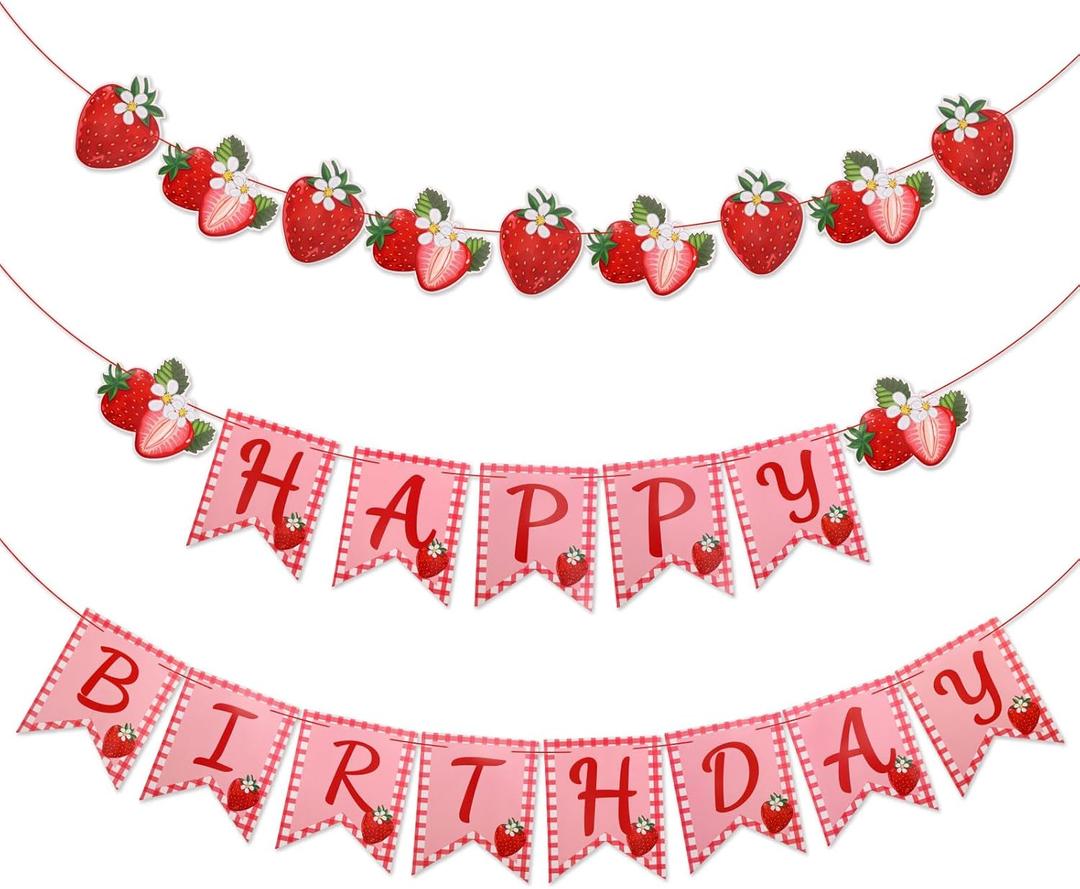 Strawberry Birthday Banner, Strawberry Themed Party Decorations Shortcake Sign Happy Birthday Hanging Banner for Baby Girl Shower Party Decor
