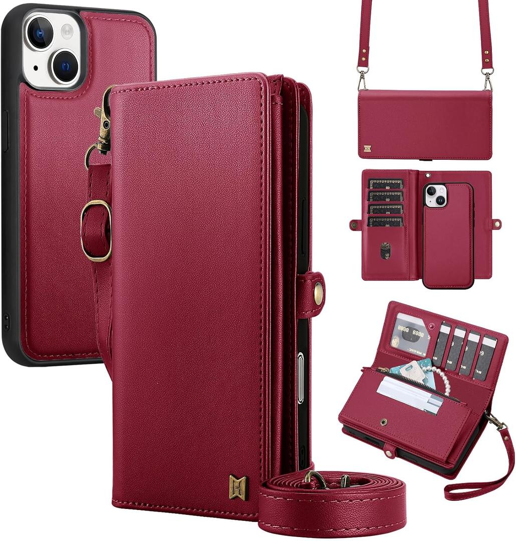 Wallet Case Compatible with iPhone 13,Multi-Function Detachable 2 in 1 Magnetic iPhone 13 Case Wallet,Flip Strap Zipper Card Holder Phone Case with Shoulder Straps (Red)