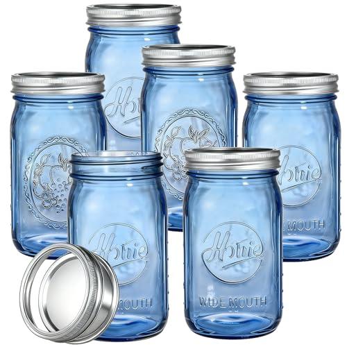 Tebery 6 Pack Vintage Blue Home Mason Jars with Airtight lids & Bands, 32Oz Wide Mouth Quart Glass Canning Jar for Fermenting, Pickling, Storage, DIY Crafts & Decor
