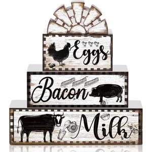 Jetec 4 Pcs Farmhouse Kitchen Decor Wooden Tiered Tray Decor Cow Rooster Pig Rustic Bathroom Signs Decorative Faux Stacked Table Centerpiece Block Sign for Home Living Kitchen Dining Room Shelf