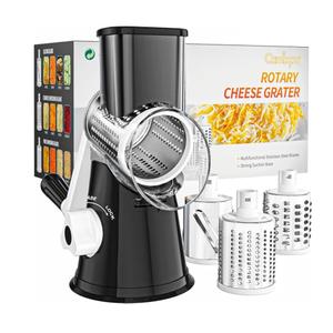 Cambom Rotary Cheese Grater Hand Crank Cheese Shredder for Fresh Cheese, Vegetable, Nuts,Non-slip Suction Base, Free Cleaning Brush Three Blades, Black