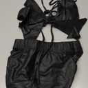 MakeMeChic Women's Y2K Skirt Set Leopard Print Tie Back Halter Crop Top and Ruched Mini Skirt Outfits Set, Small, Black A