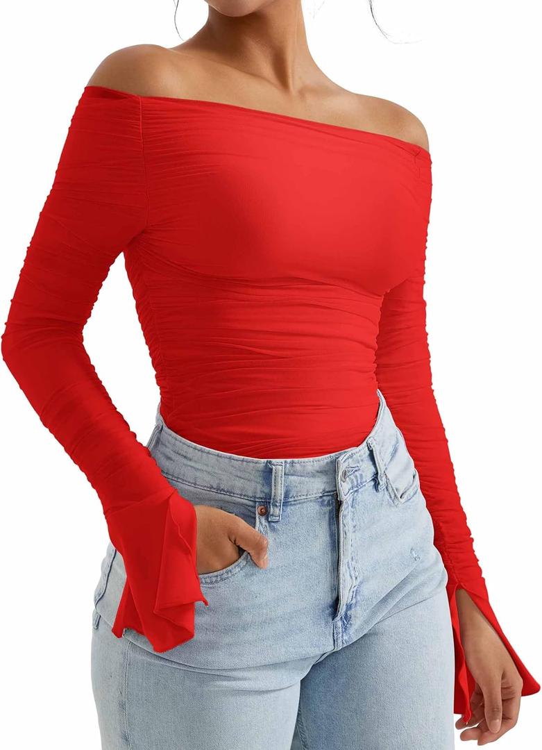OMKAGI Women Long Sleeve Tops Boat Neck Off Shoulder Shirts Fitted Going Out Y2K Crop Top (Red, L)