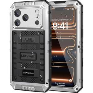 Mitywah Waterproof Case for iPhone 17 Pro Max, Rugged Metal Case with Built-in Screen Protector, Heavy Duty Full Body Shockproof Protective Cover 6.9 inch, Silver