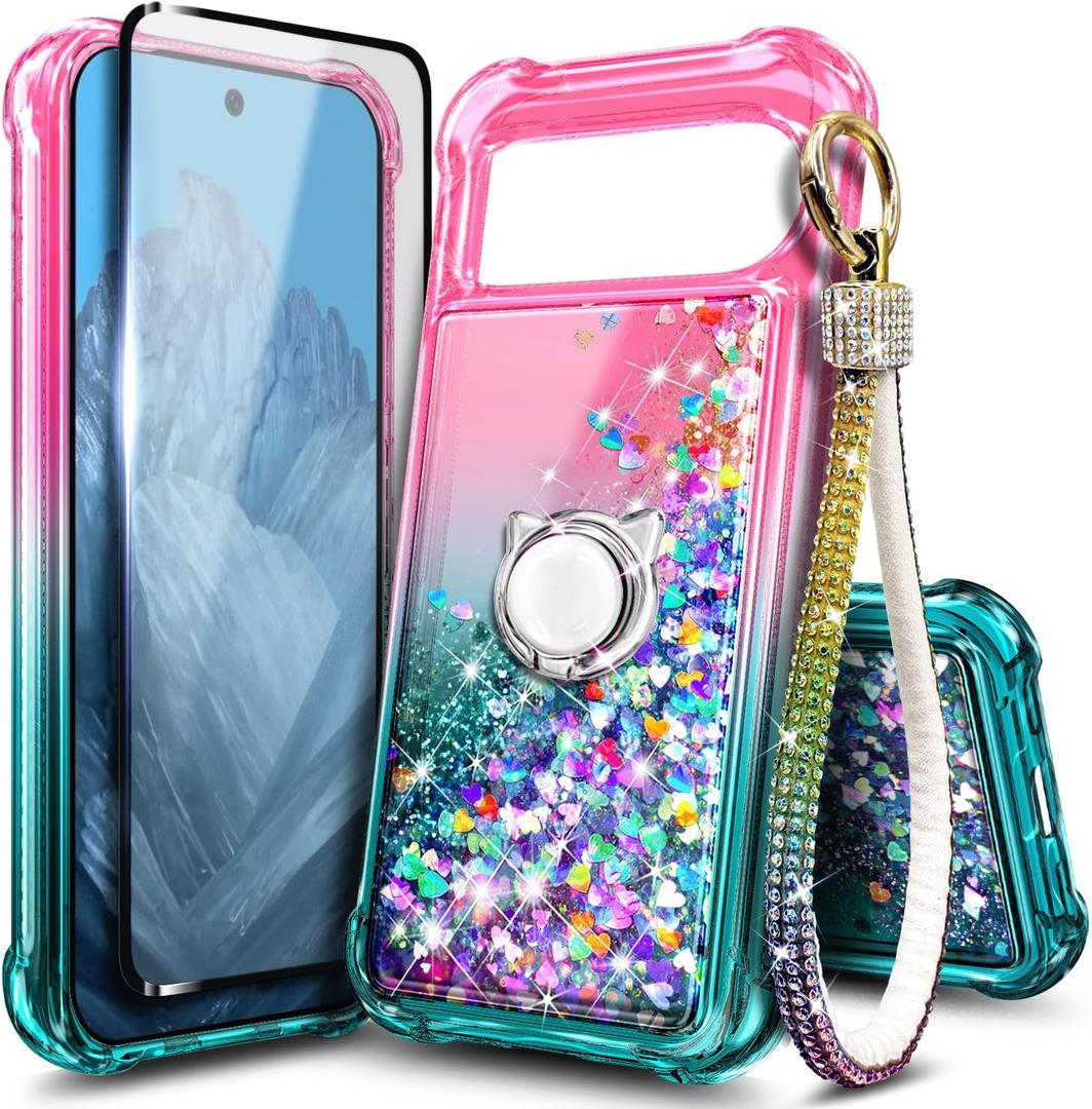 Compatible with Google Pixel 10/10 Pro Case, Pink/Aqua | Bling Sparkly Glitter Liquid Cute Phone Cover for Women Girl with Screen Protector/Ring Holder/Diamond Wrist Strap Lanyard
