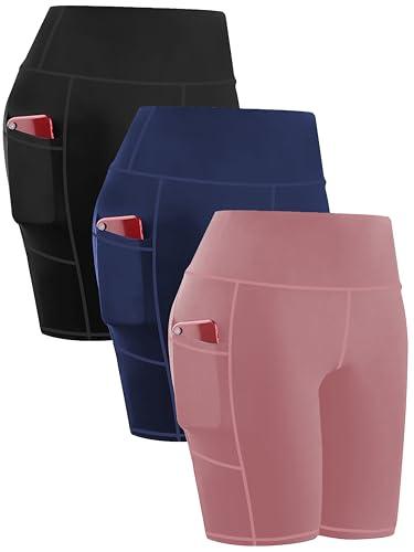 Sunvalix 3 Pack High Waisted Biker Shorts with Pockets for Women Tummy Control 8" Spandex Yoga Workout Shorts for Gym Running Bl+Na+Da Small Size S