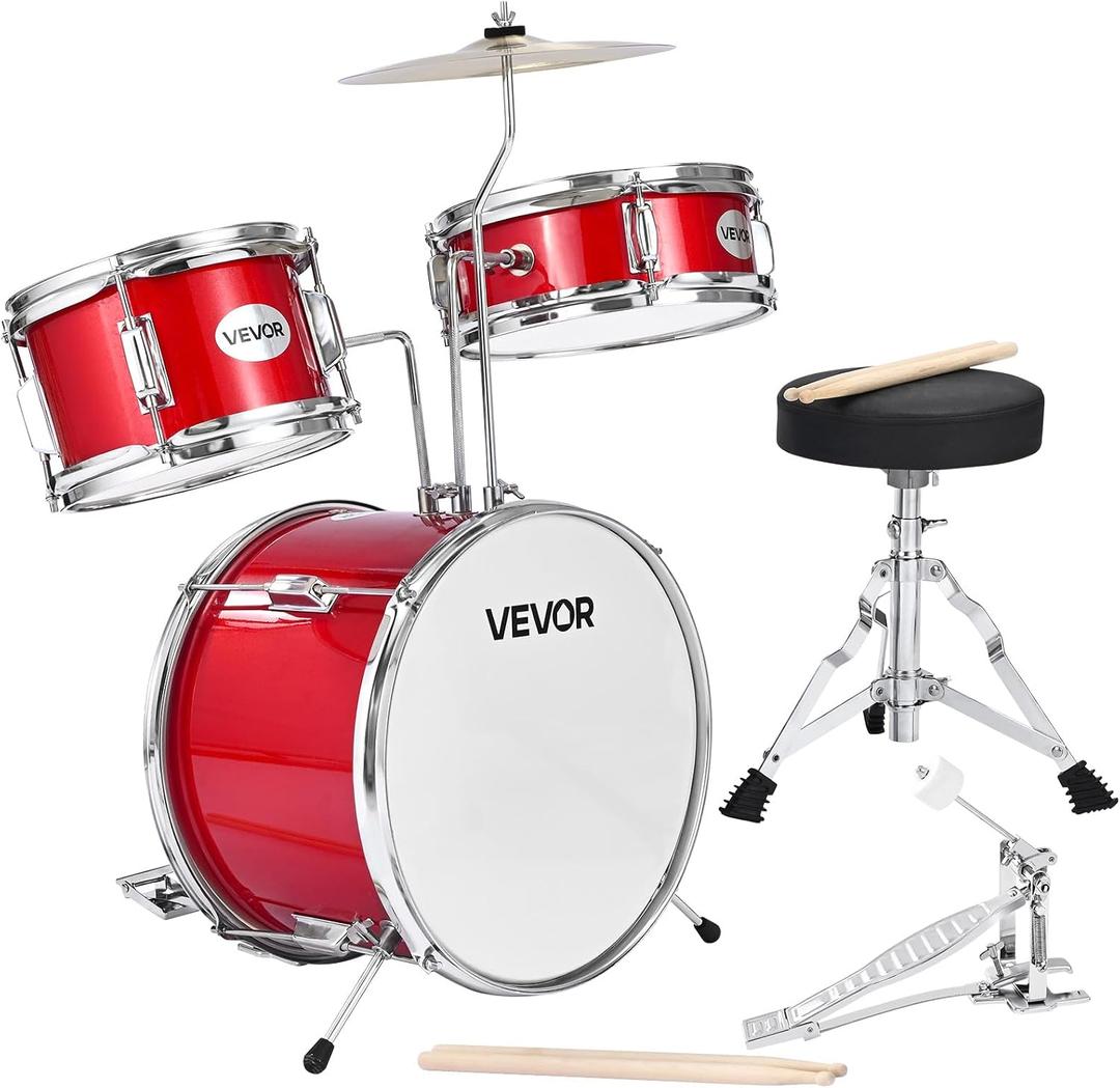 VEVOR Kids Drum Set, 3-Piece 14 in Junior Drum Sets, Beginner Drums Set with Adjustable Throne, Cymbal & Two Pairs of Drumsticks, Musical Learning Drums Instruments Kit, for Children Ages 6-13 (Red)